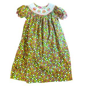 Claire & Charlie Smocked Dress Owl Polka Dot Green Party Girls Size 6X